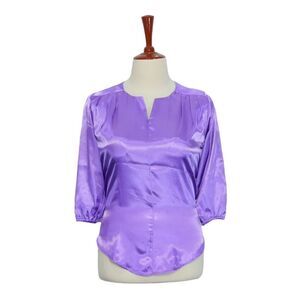 Womens Silky Blouse Purple 3/4 Sleeve V-Neck Lightweight Loose Casual Top Large